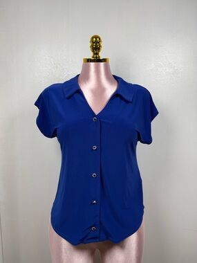Ember Blue Button Front Blouse Women’s Short Sleeve Collared Top Office